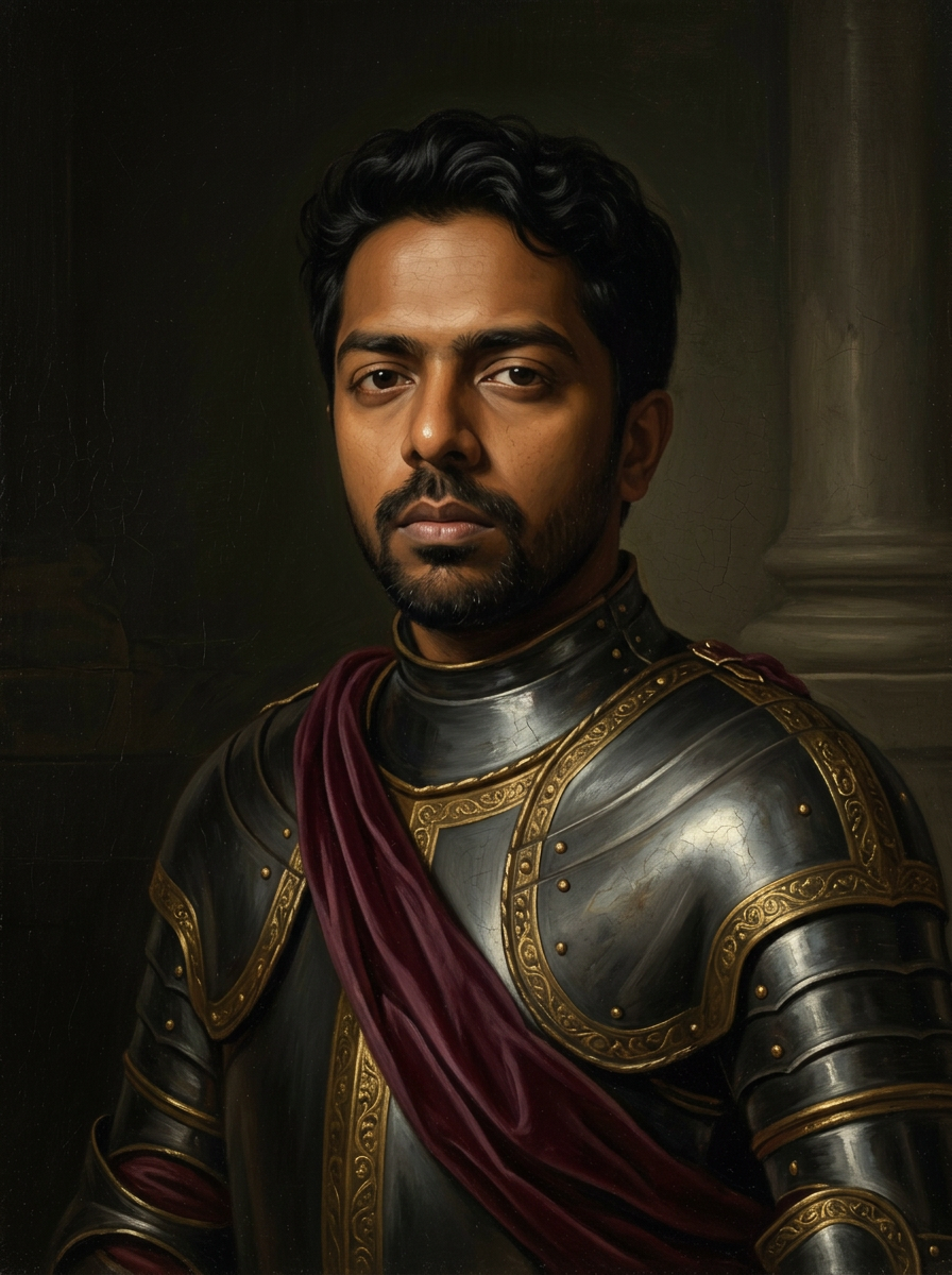 Renaissance-style oil portrait of Akash Pera in ceremonial armour